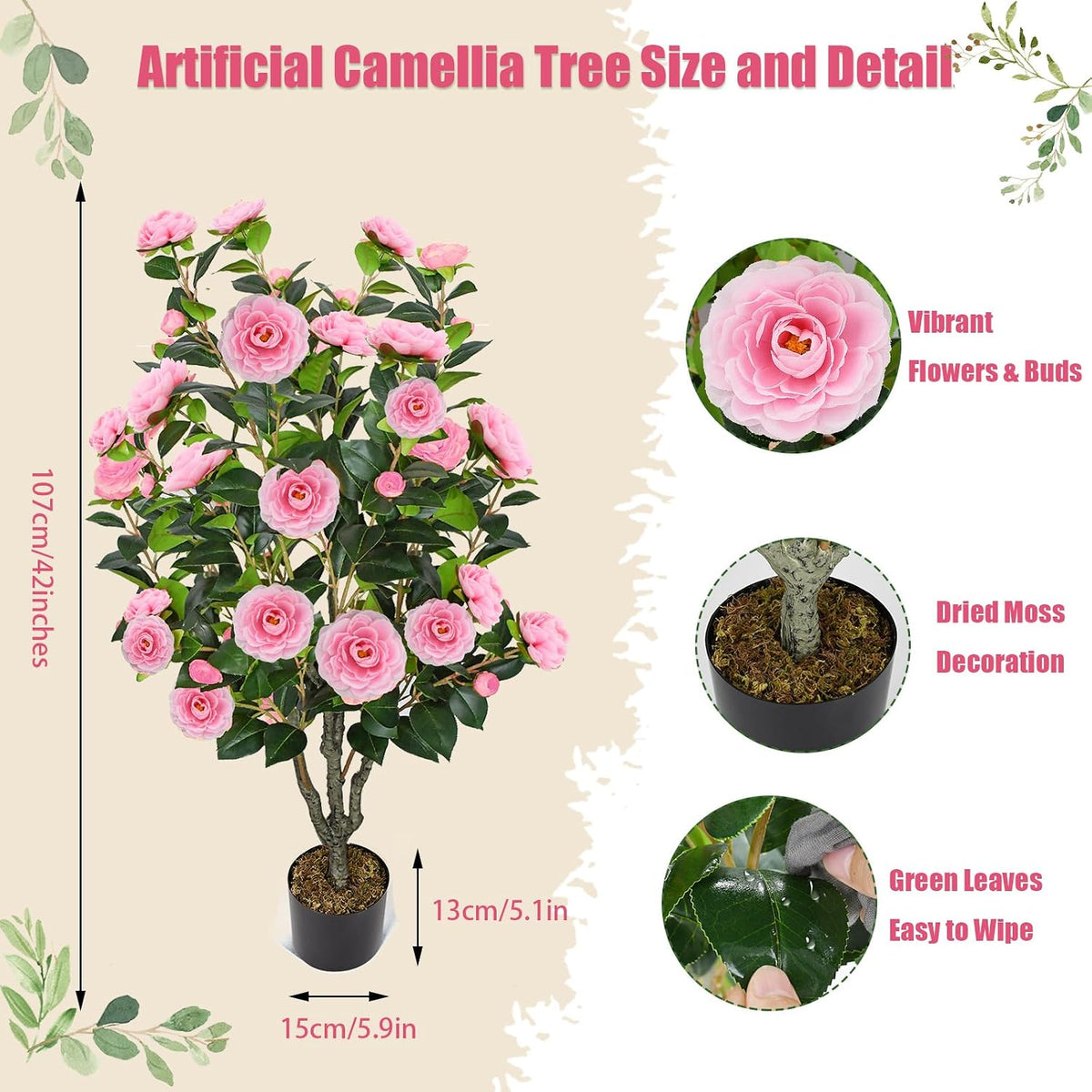2 Pack 42" Artificial Camellia Tree with 36 Blooming Flowers Faux Floral Trees Tall Plastic Potted Fake Plant for Indoor Outdoor Office Shop Home Room Porch Front Door