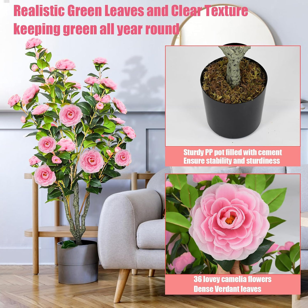 2 Pack 42" Artificial Camellia Tree with 36 Blooming Flowers Faux Floral Trees Tall Plastic Potted Fake Plant for Indoor Outdoor Office Shop Home Room Porch Front Door