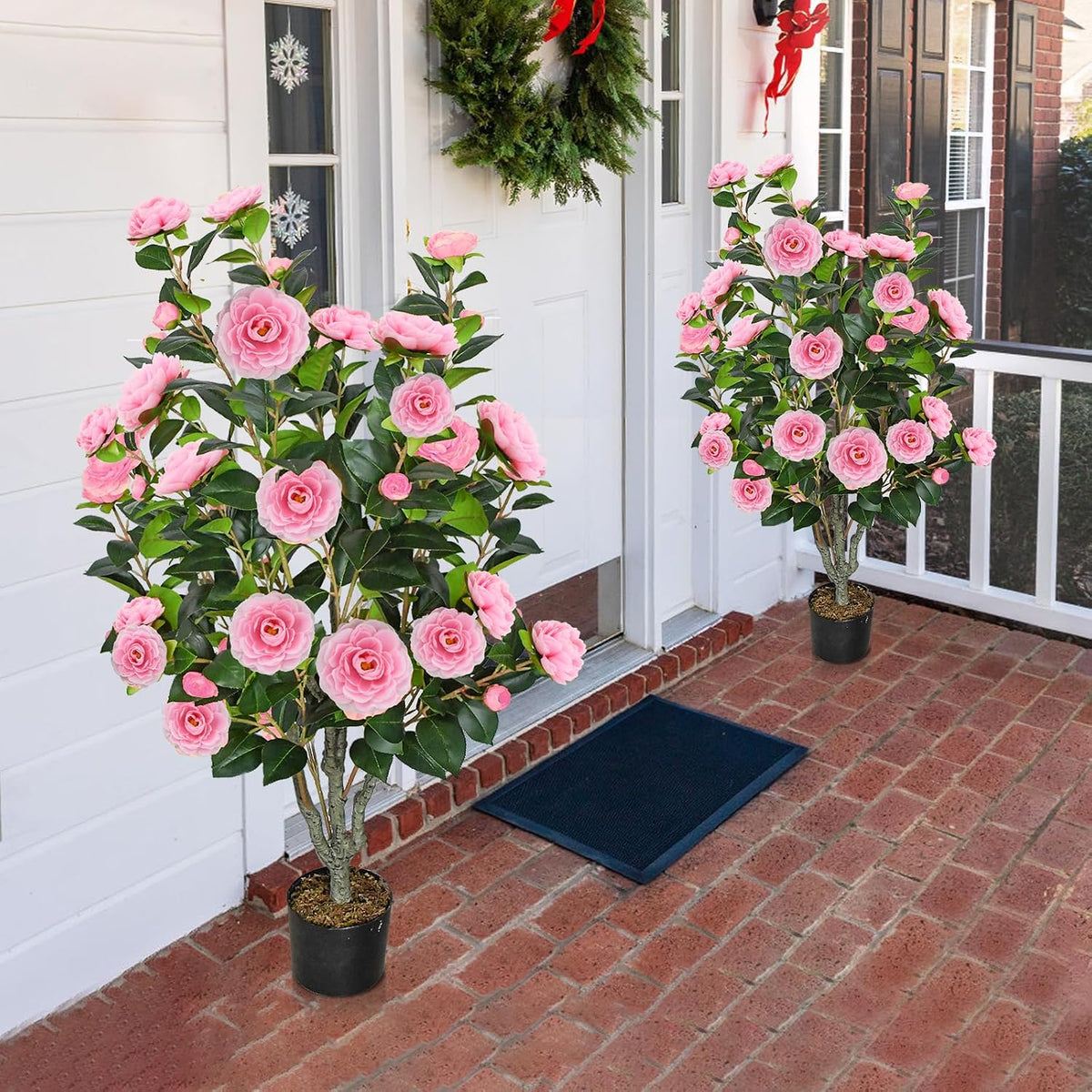 2 Pack 42" Artificial Camellia Tree with 36 Blooming Flowers Faux Floral Trees Tall Plastic Potted Fake Plant for Indoor Outdoor Office Shop Home Room Porch Front Door