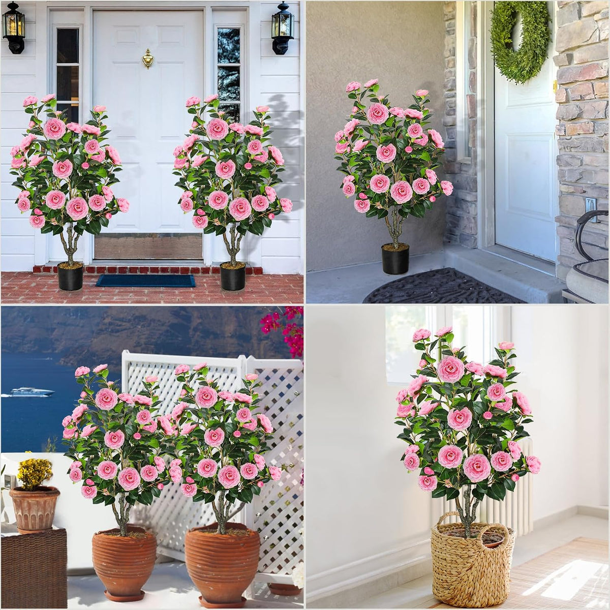 2 Pack 42" Artificial Camellia Tree with 36 Blooming Flowers Faux Floral Trees Tall Plastic Potted Fake Plant for Indoor Outdoor Office Shop Home Room Porch Front Door