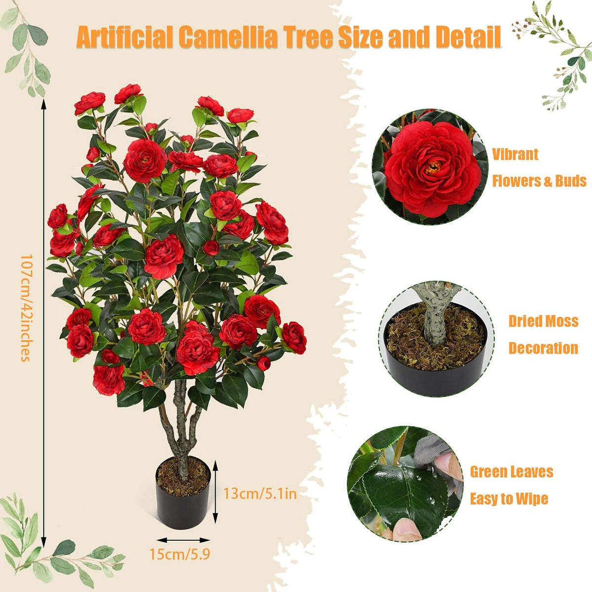 2 Pack 42" Artificial Camellia Tree with 36 Blooming Flowers Faux Floral Trees Tall Plastic Potted Fake Plant for Indoor Outdoor Office Shop Home Room Porch Front Door