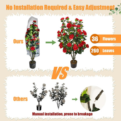 2 Pack 42" Artificial Camellia Tree with 36 Blooming Flowers Faux Floral Trees Tall Plastic Potted Fake Plant for Indoor Outdoor Office Shop Home Room Porch Front Door