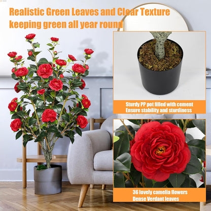 2 Pack 42" Artificial Camellia Tree with 36 Blooming Flowers Faux Floral Trees Tall Plastic Potted Fake Plant for Indoor Outdoor Office Shop Home Room Porch Front Door
