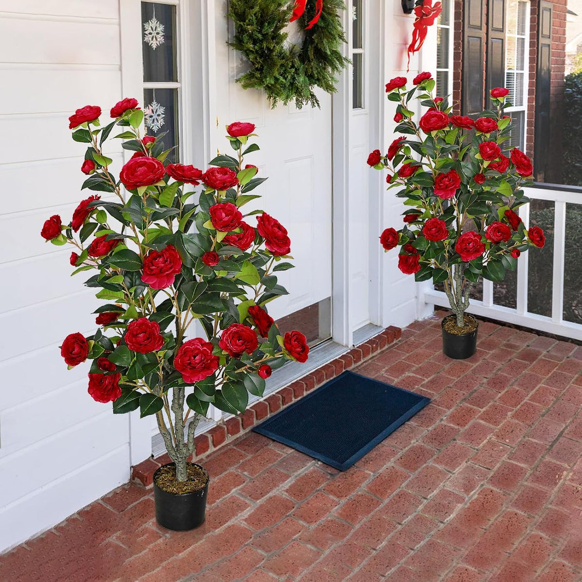 2 Pack 42" Artificial Camellia Tree with 36 Blooming Flowers Faux Floral Trees Tall Plastic Potted Fake Plant for Indoor Outdoor Office Shop Home Room Porch Front Door