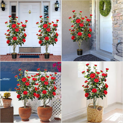 2 Pack 42" Artificial Camellia Tree with 36 Blooming Flowers Faux Floral Trees Tall Plastic Potted Fake Plant for Indoor Outdoor Office Shop Home Room Porch Front Door