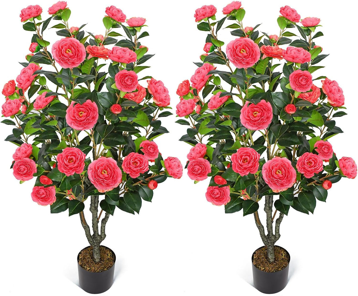 2 Pack 42" Artificial Camellia Tree with 36 Blooming Flowers Faux Floral Trees Tall Plastic Potted Fake Plant for Indoor Outdoor Office Shop Home Room Porch Front Door