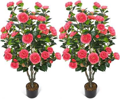 2 Pack 42" Artificial Camellia Tree with 36 Blooming Flowers Faux Floral Trees Tall Plastic Potted Fake Plant for Indoor Outdoor Office Shop Home Room Porch Front Door