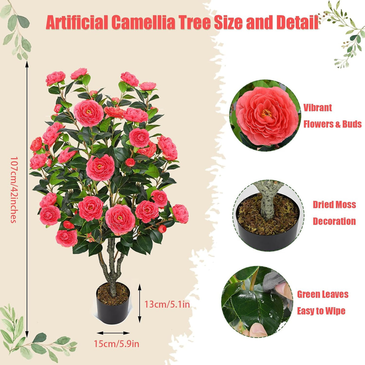 2 Pack 42" Artificial Camellia Tree with 36 Blooming Flowers Faux Floral Trees Tall Plastic Potted Fake Plant for Indoor Outdoor Office Shop Home Room Porch Front Door