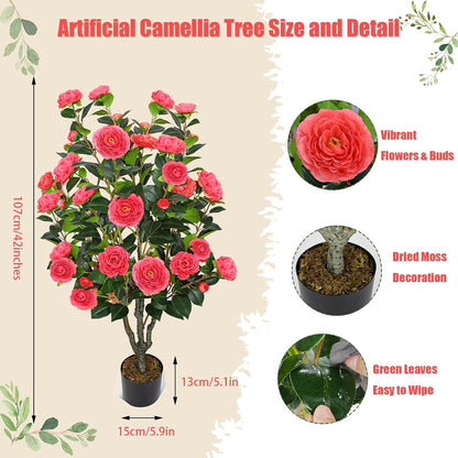 2 Pack 42" Artificial Camellia Tree with 36 Blooming Flowers Faux Floral Trees Tall Plastic Potted Fake Plant for Indoor Outdoor Office Shop Home Room Porch Front Door