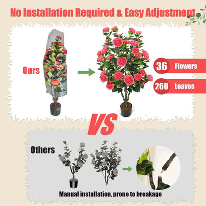 2 Pack 42" Artificial Camellia Tree with 36 Blooming Flowers Faux Floral Trees Tall Plastic Potted Fake Plant for Indoor Outdoor Office Shop Home Room Porch Front Door