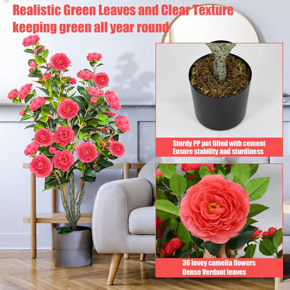 2 Pack 42" Artificial Camellia Tree with 36 Blooming Flowers Faux Floral Trees Tall Plastic Potted Fake Plant for Indoor Outdoor Office Shop Home Room Porch Front Door