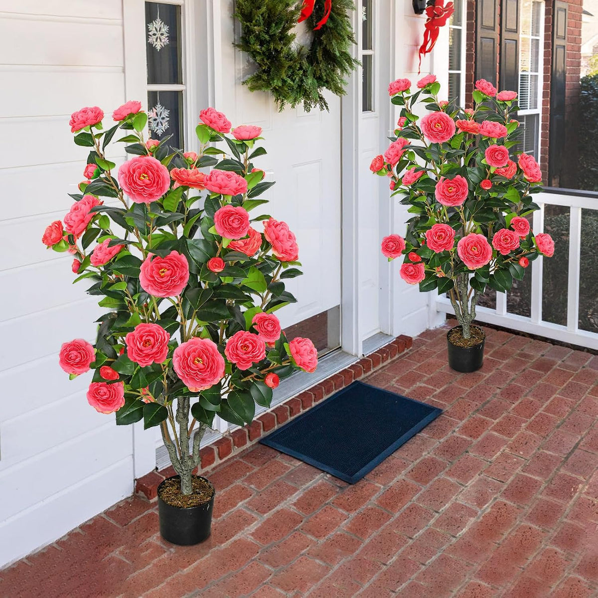 2 Pack 42" Artificial Camellia Tree with 36 Blooming Flowers Faux Floral Trees Tall Plastic Potted Fake Plant for Indoor Outdoor Office Shop Home Room Porch Front Door