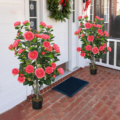2 Pack 42" Artificial Camellia Tree with 36 Blooming Flowers Faux Floral Trees Tall Plastic Potted Fake Plant for Indoor Outdoor Office Shop Home Room Porch Front Door
