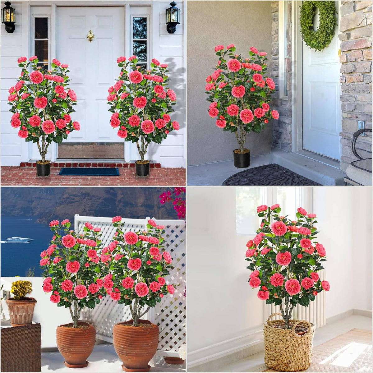 2 Pack 42" Artificial Camellia Tree with 36 Blooming Flowers Faux Floral Trees Tall Plastic Potted Fake Plant for Indoor Outdoor Office Shop Home Room Porch Front Door
