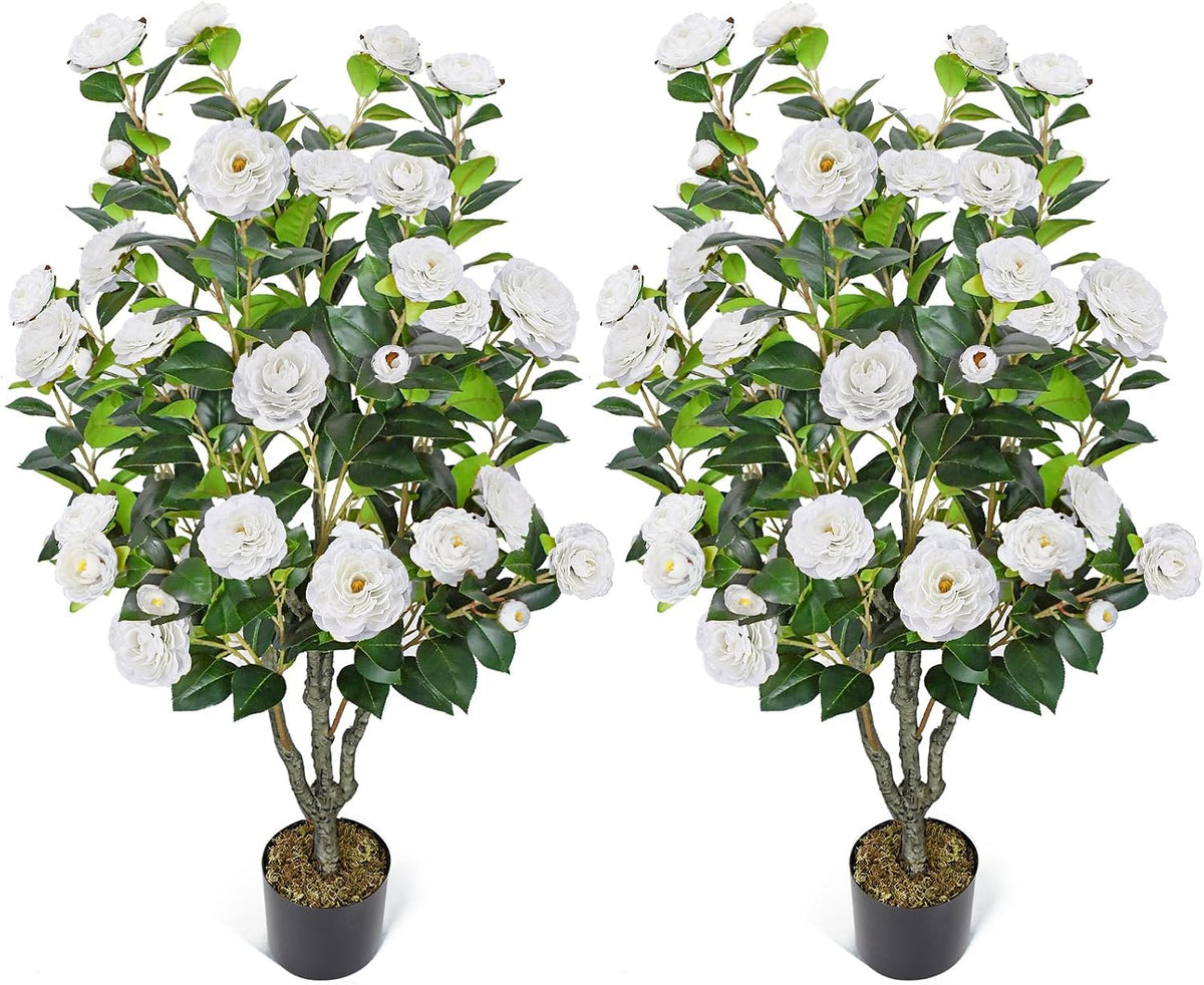 2 Pack 42" Artificial Camellia Tree with 36 Blooming Flowers Faux Floral Trees Tall Plastic Potted Fake Plant for Indoor Outdoor Office Shop Home Room Porch Front Door