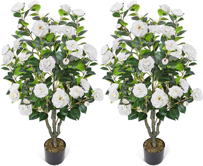 2 Pack 42" Artificial Camellia Tree with 36 Blooming Flowers Faux Floral Trees Tall Plastic Potted Fake Plant for Indoor Outdoor Office Shop Home Room Porch Front Door