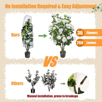 2 Pack 42" Artificial Camellia Tree with 36 Blooming Flowers Faux Floral Trees Tall Plastic Potted Fake Plant for Indoor Outdoor Office Shop Home Room Porch Front Door