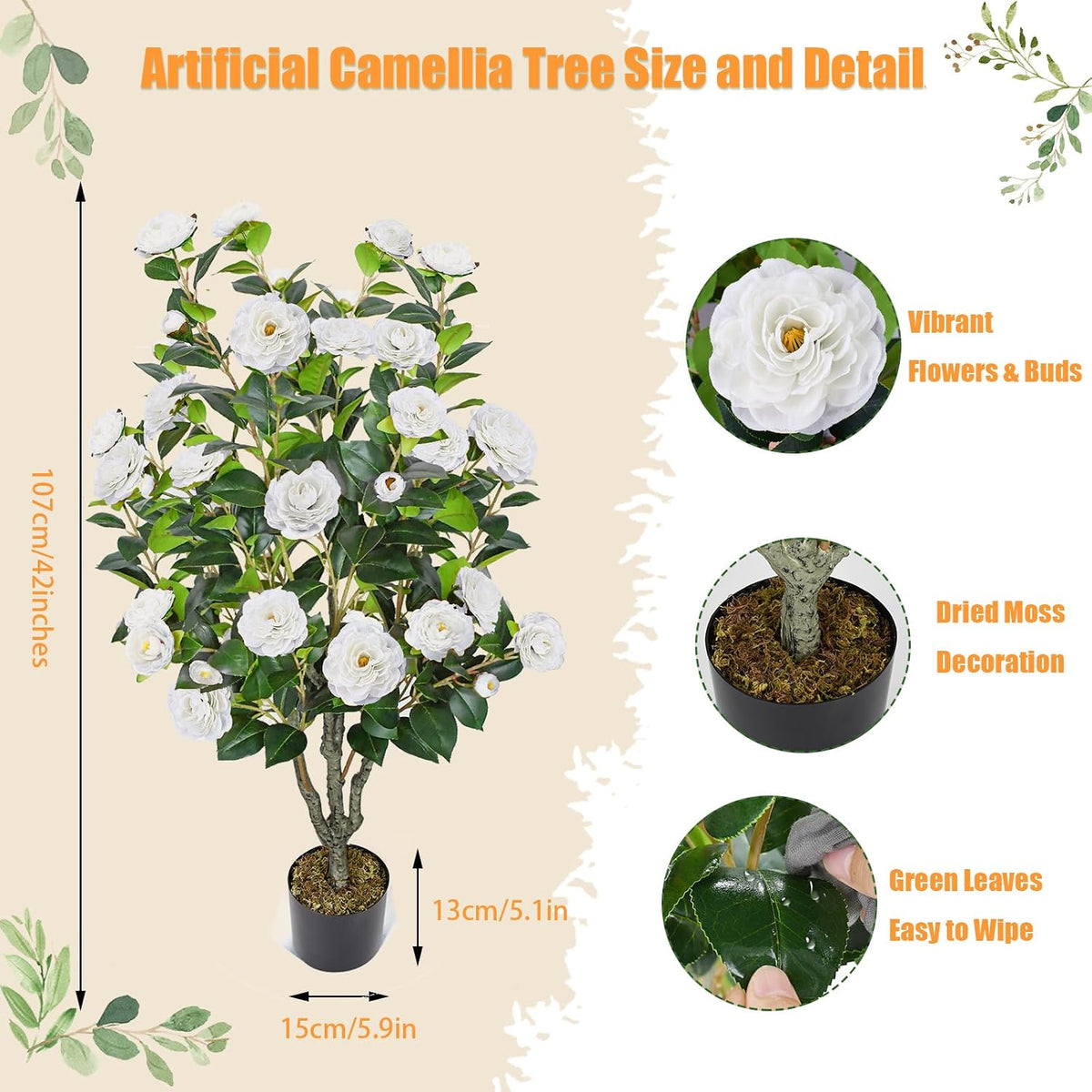 2 Pack 42" Artificial Camellia Tree with 36 Blooming Flowers Faux Floral Trees Tall Plastic Potted Fake Plant for Indoor Outdoor Office Shop Home Room Porch Front Door