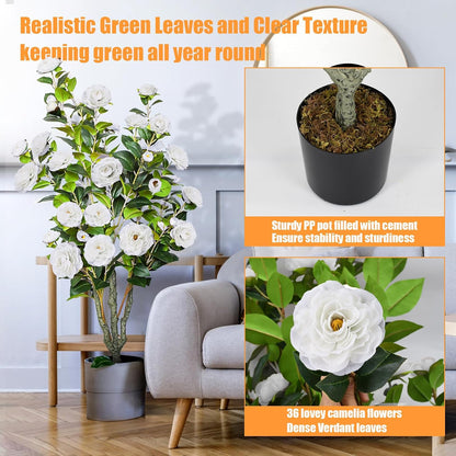 2 Pack 42" Artificial Camellia Tree with 36 Blooming Flowers Faux Floral Trees Tall Plastic Potted Fake Plant for Indoor Outdoor Office Shop Home Room Porch Front Door