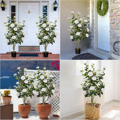 2 Pack 42" Artificial Camellia Tree with 36 Blooming Flowers Faux Floral Trees Tall Plastic Potted Fake Plant for Indoor Outdoor Office Shop Home Room Porch Front Door