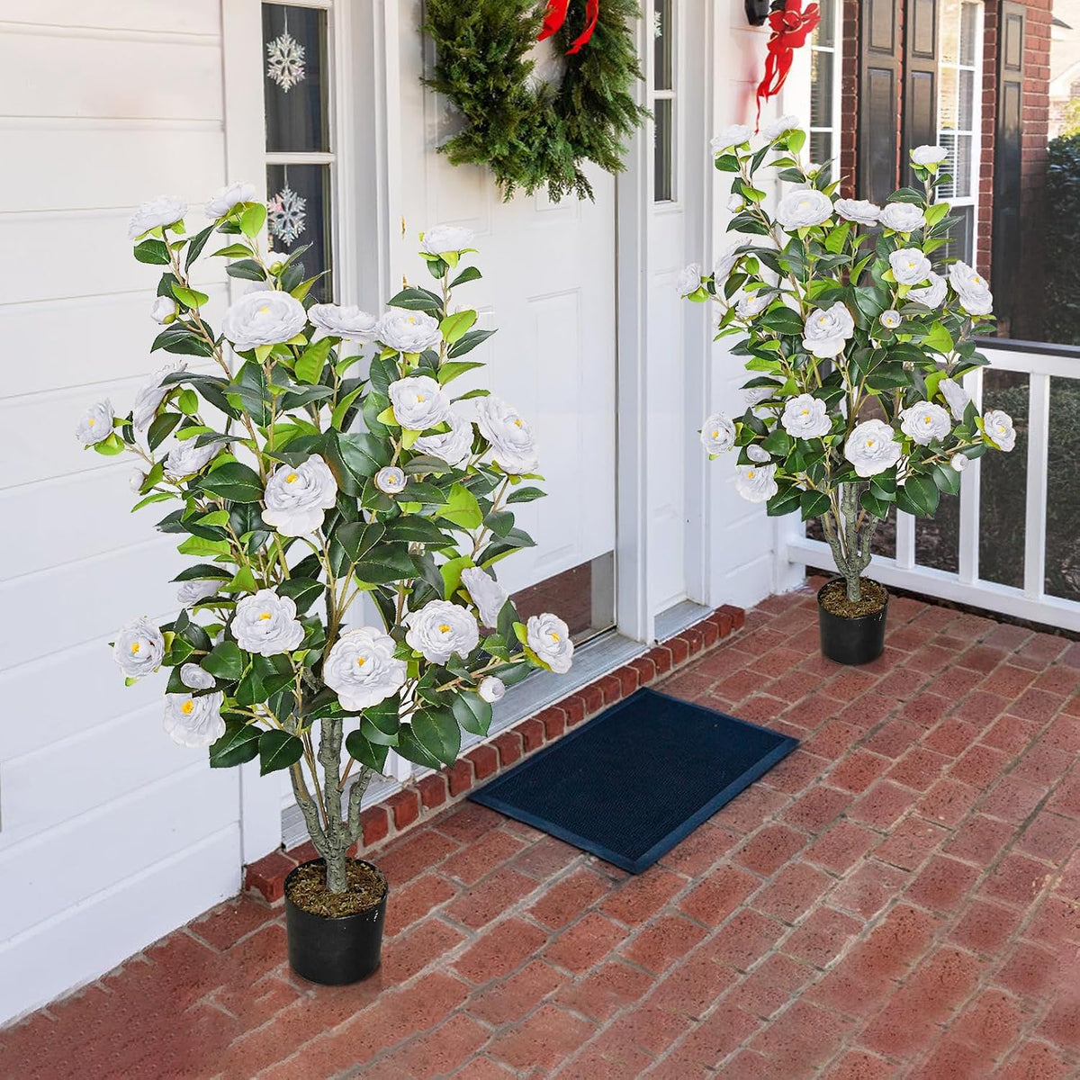 2 Pack 42" Artificial Camellia Tree with 36 Blooming Flowers Faux Floral Trees Tall Plastic Potted Fake Plant for Indoor Outdoor Office Shop Home Room Porch Front Door