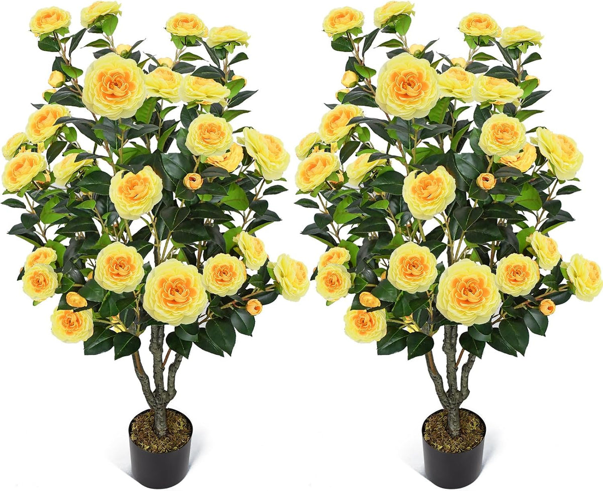 2 Pack 42" Artificial Camellia Tree with 36 Blooming Flowers Faux Floral Trees Tall Plastic Potted Fake Plant for Indoor Outdoor Office Shop Home Room Porch Front Door
