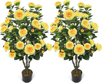 2 Pack 42" Artificial Camellia Tree with 36 Blooming Flowers Faux Floral Trees Tall Plastic Potted Fake Plant for Indoor Outdoor Office Shop Home Room Porch Front Door