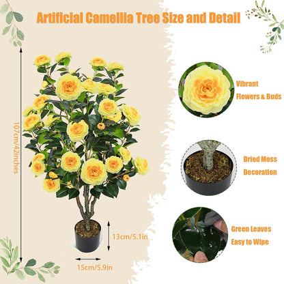 2 Pack 42" Artificial Camellia Tree with 36 Blooming Flowers Faux Floral Trees Tall Plastic Potted Fake Plant for Indoor Outdoor Office Shop Home Room Porch Front Door