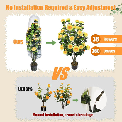2 Pack 42" Artificial Camellia Tree with 36 Blooming Flowers Faux Floral Trees Tall Plastic Potted Fake Plant for Indoor Outdoor Office Shop Home Room Porch Front Door