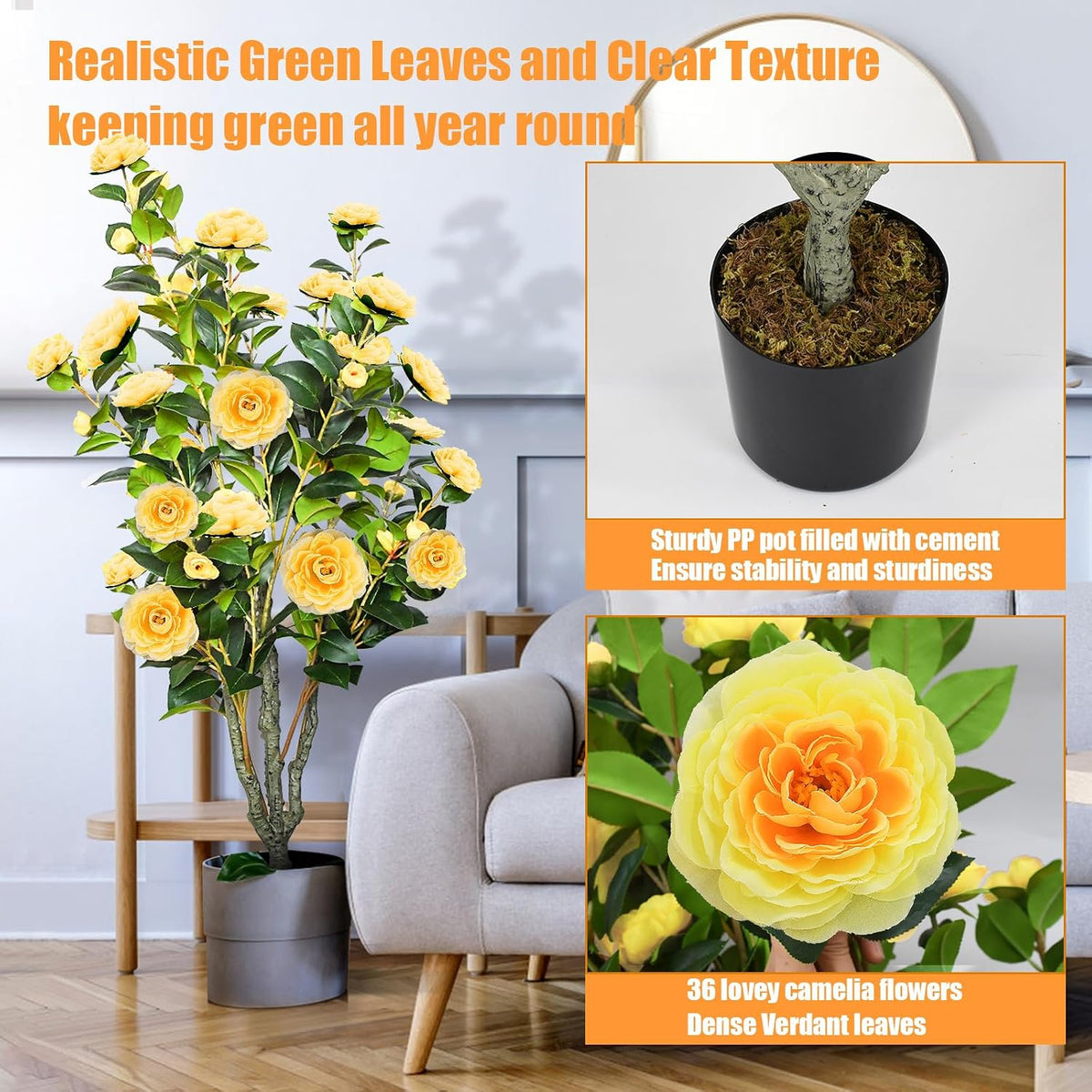 2 Pack 42" Artificial Camellia Tree with 36 Blooming Flowers Faux Floral Trees Tall Plastic Potted Fake Plant for Indoor Outdoor Office Shop Home Room Porch Front Door
