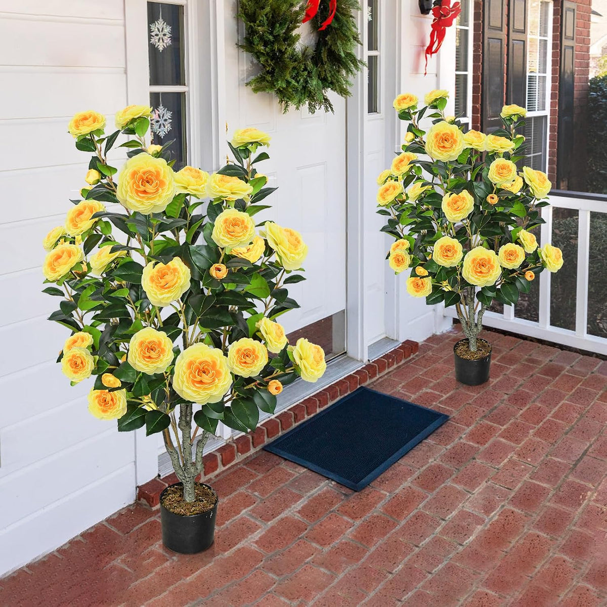 2 Pack 42" Artificial Camellia Tree with 36 Blooming Flowers Faux Floral Trees Tall Plastic Potted Fake Plant for Indoor Outdoor Office Shop Home Room Porch Front Door