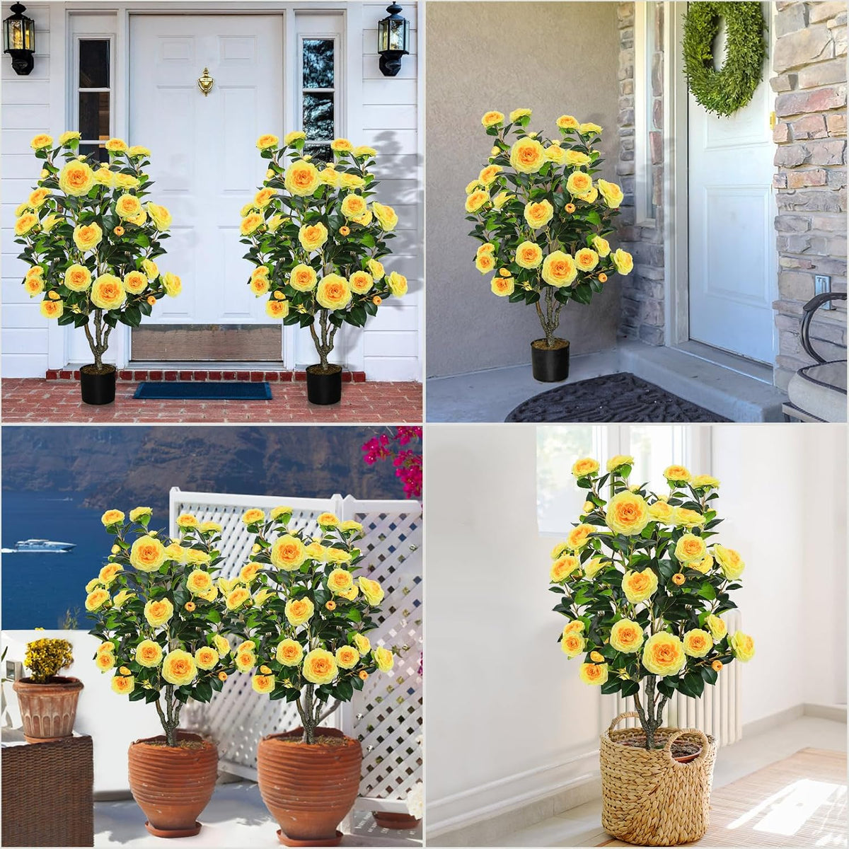 2 Pack 42" Artificial Camellia Tree with 36 Blooming Flowers Faux Floral Trees Tall Plastic Potted Fake Plant for Indoor Outdoor Office Shop Home Room Porch Front Door