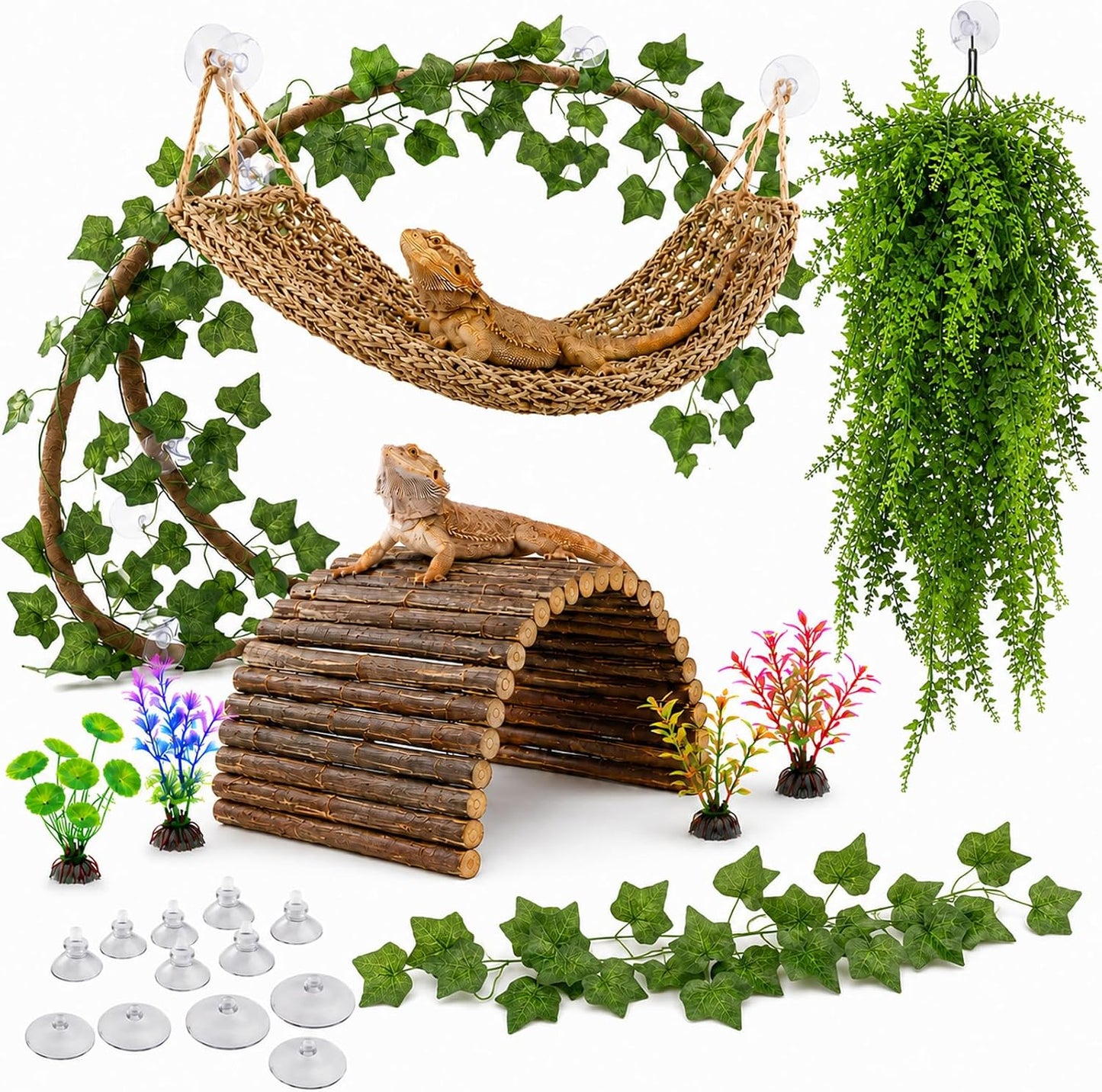 Bearded Dragon Tank Accessories, Reptile Mat Bridge Hammock Flexible - Jungle Climbing Vines and Leaves with Suction Cups Habitat Décor for Hiding& Climbing Snake Gecko Lizard Chameleon