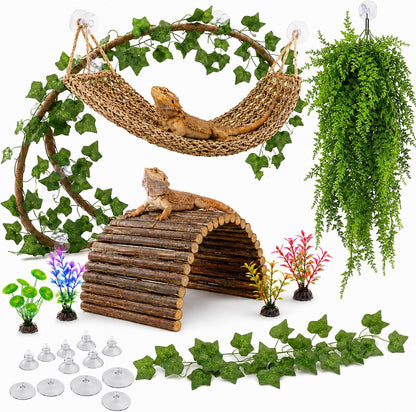 Bearded Dragon Tank Accessories, Reptile Mat Bridge Hammock Flexible - Jungle Climbing Vines and Leaves with Suction Cups Habitat Décor for Hiding& Climbing Snake Gecko Lizard Chameleon