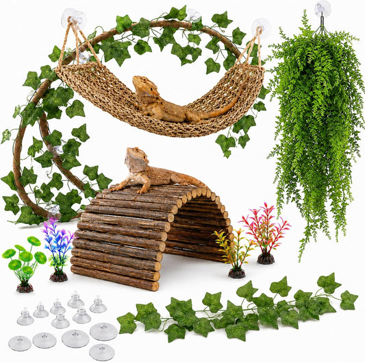 Bearded Dragon Tank Accessories, Reptile Mat Bridge Hammock Flexible - Jungle Climbing Vines and Leaves with Suction Cups Habitat Décor for Hiding& Climbing Snake Gecko Lizard Chameleon