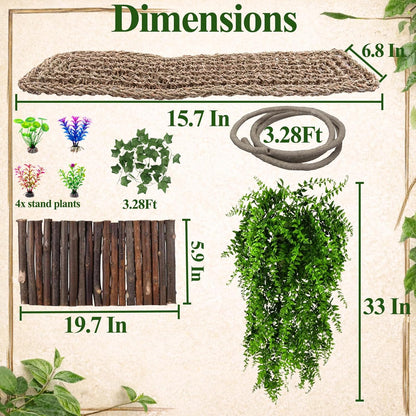 Bearded Dragon Tank Accessories, Reptile Mat Bridge Hammock Flexible - Jungle Climbing Vines and Leaves with Suction Cups Habitat Décor for Hiding& Climbing Snake Gecko Lizard Chameleon