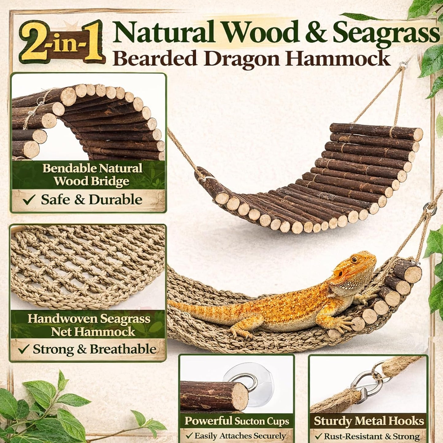 Bearded Dragon Tank Accessories, Reptile Mat Bridge Hammock Flexible - Jungle Climbing Vines and Leaves with Suction Cups Habitat Décor for Hiding& Climbing Snake Gecko Lizard Chameleon