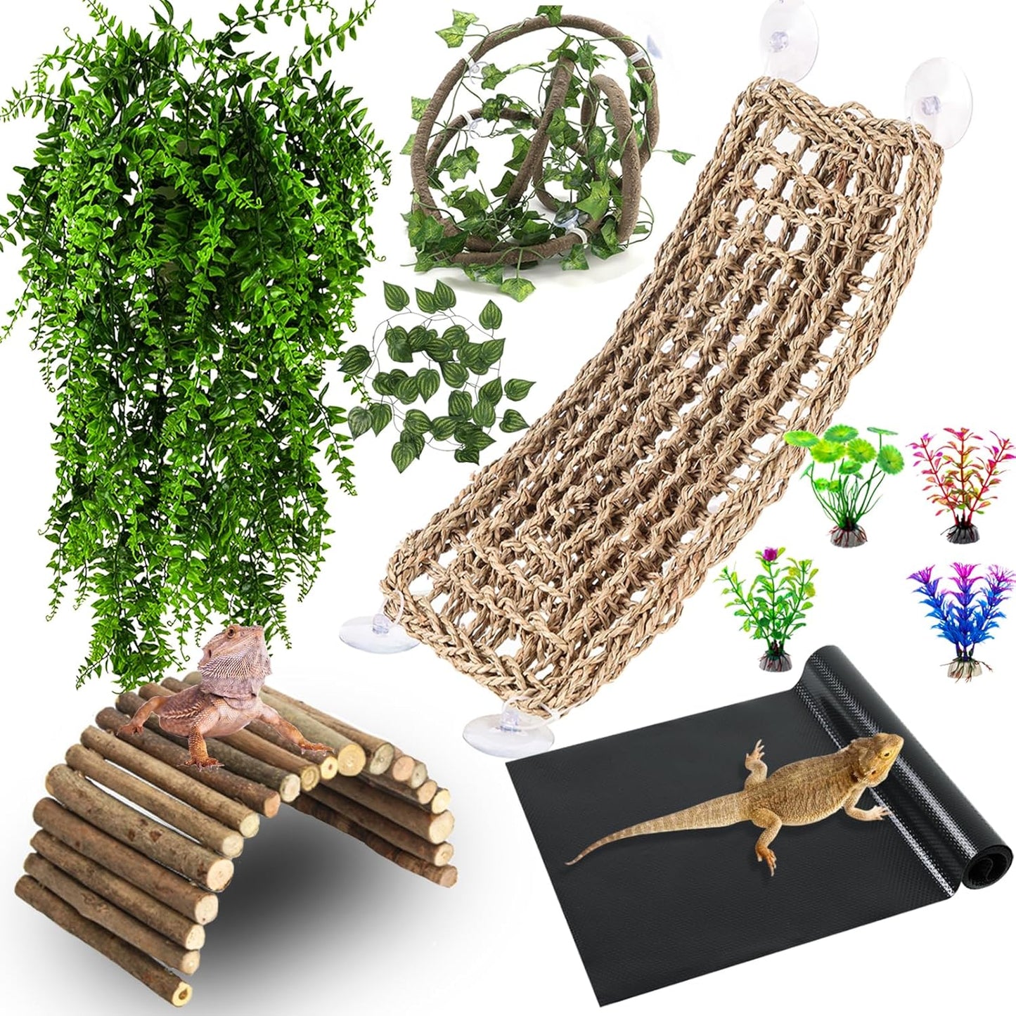 Bearded Dragon Tank Accessories, Reptile Mat Bridge Hammock Flexible - Jungle Climbing Vines and Leaves with Suction Cups Habitat Décor for Hiding& Climbing Snake Gecko Lizard Chameleon