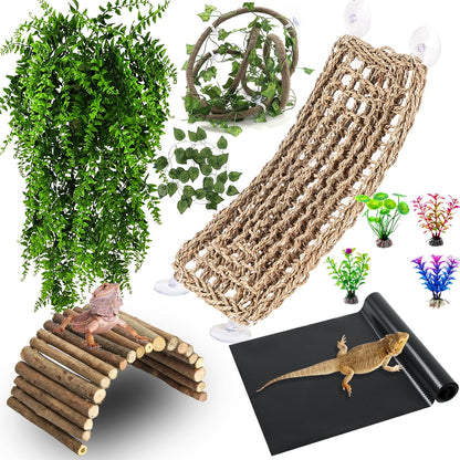Bearded Dragon Tank Accessories, Reptile Mat Bridge Hammock Flexible - Jungle Climbing Vines and Leaves with Suction Cups Habitat Décor for Hiding& Climbing Snake Gecko Lizard Chameleon