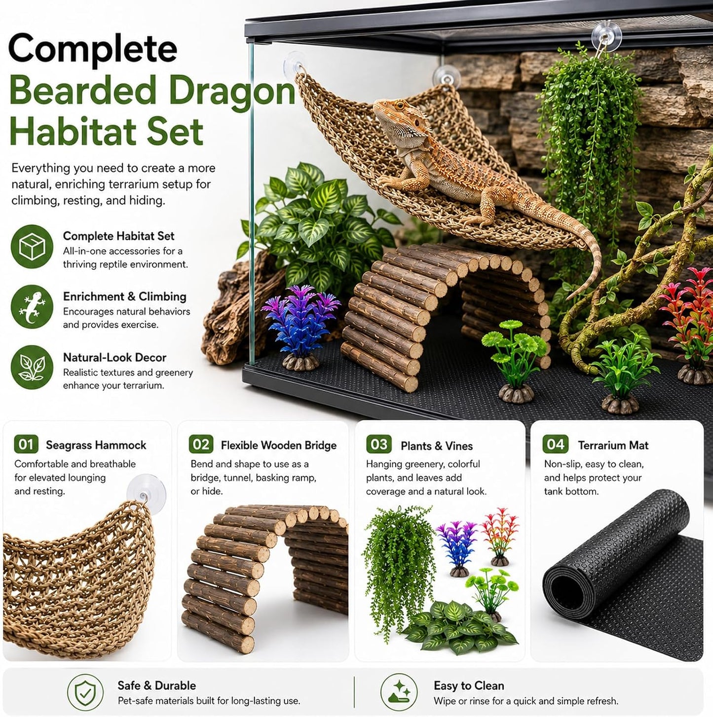 Bearded Dragon Tank Accessories, Reptile Mat Bridge Hammock Flexible - Jungle Climbing Vines and Leaves with Suction Cups Habitat Décor for Hiding& Climbing Snake Gecko Lizard Chameleon