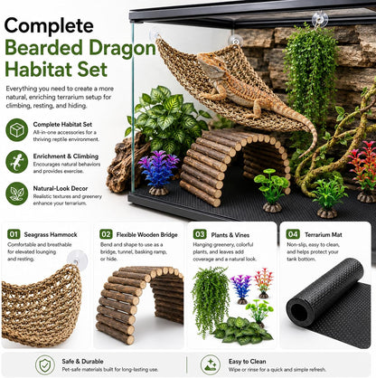 Bearded Dragon Tank Accessories, Reptile Mat Bridge Hammock Flexible - Jungle Climbing Vines and Leaves with Suction Cups Habitat Décor for Hiding& Climbing Snake Gecko Lizard Chameleon