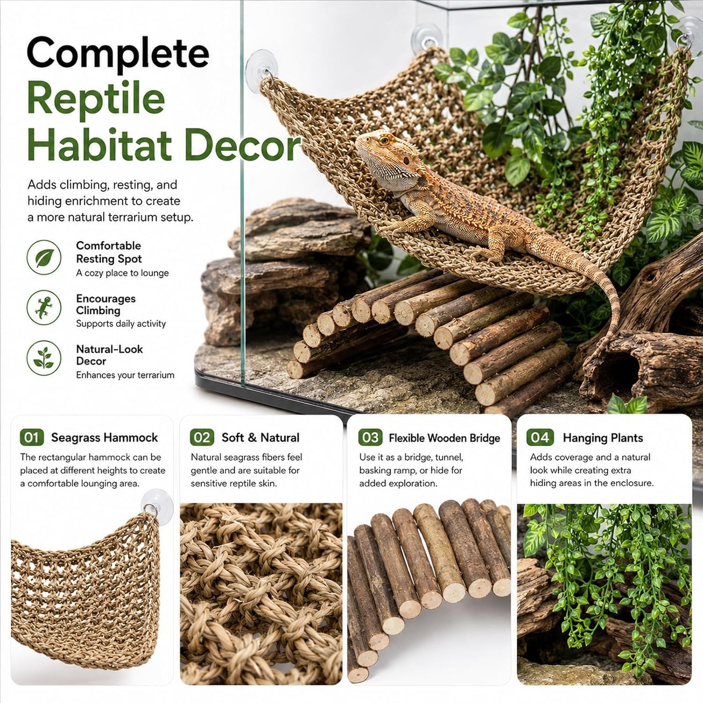 Bearded Dragon Tank Accessories, Reptile Mat Bridge Hammock Flexible - Jungle Climbing Vines and Leaves with Suction Cups Habitat Décor for Hiding& Climbing Snake Gecko Lizard Chameleon