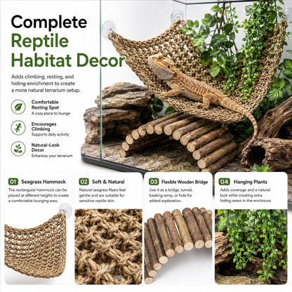 Bearded Dragon Tank Accessories, Reptile Mat Bridge Hammock Flexible - Jungle Climbing Vines and Leaves with Suction Cups Habitat Décor for Hiding& Climbing Snake Gecko Lizard Chameleon