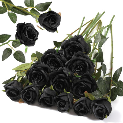 12PCS Artificial Silk Flowers Realistic Roses Bouquet Long Stem for Home Wedding Decoration Party (Red, 6 Flowers 6 Buds)