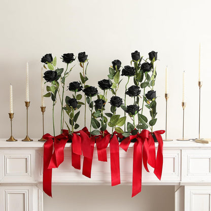 12PCS Artificial Silk Flowers Realistic Roses Bouquet Long Stem for Home Wedding Decoration Party (Red, 6 Flowers 6 Buds)