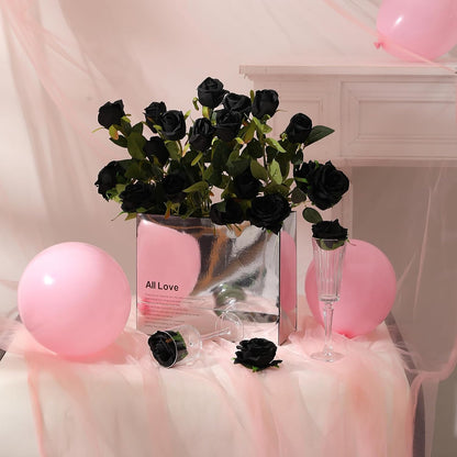 12PCS Artificial Silk Flowers Realistic Roses Bouquet Long Stem for Home Wedding Decoration Party (Red, 6 Flowers 6 Buds)