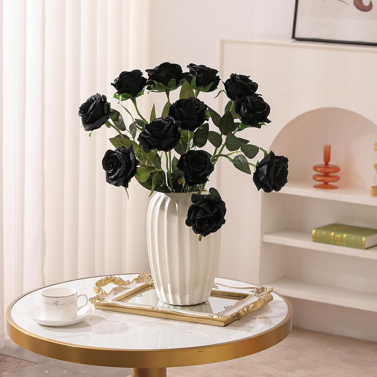 12PCS Artificial Silk Flowers Realistic Roses Bouquet Long Stem for Home Wedding Decoration Party (Red, 6 Flowers 6 Buds)