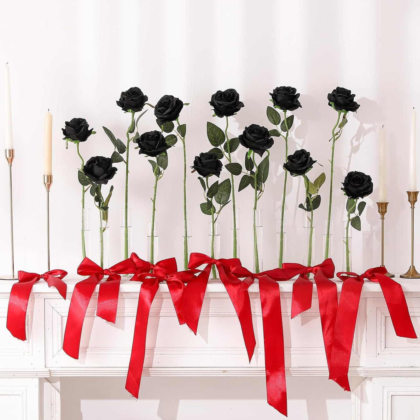12PCS Artificial Silk Flowers Realistic Roses Bouquet Long Stem for Home Wedding Decoration Party (Red, 6 Flowers 6 Buds)