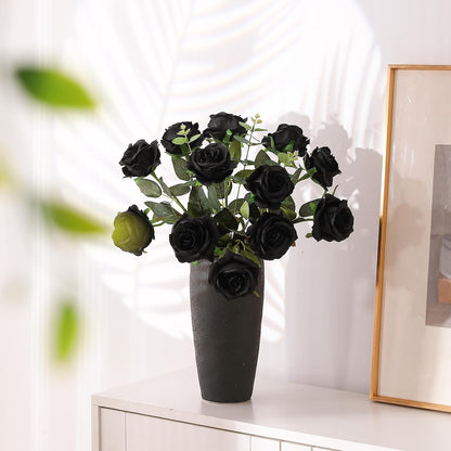 12PCS Artificial Silk Flowers Realistic Roses Bouquet Long Stem for Home Wedding Decoration Party (Red, 6 Flowers 6 Buds)