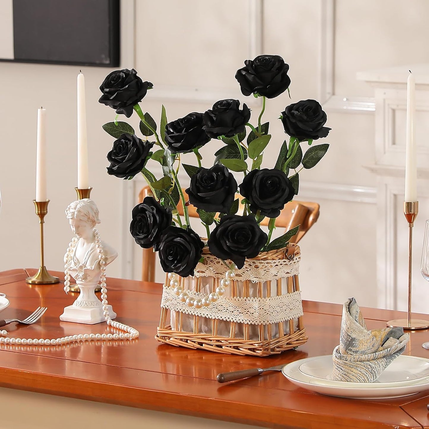 12PCS Artificial Silk Flowers Realistic Roses Bouquet Long Stem for Home Wedding Decoration Party (Red, 6 Flowers 6 Buds)